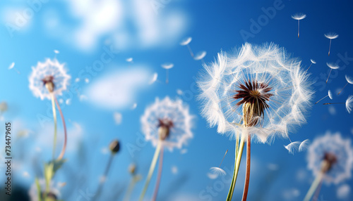 Fluffy dandelion seed blowing in the summer meadow  nature beauty generated by AI