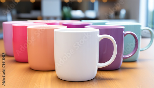 A stack of colorful coffee cups on a wooden table generated by AI