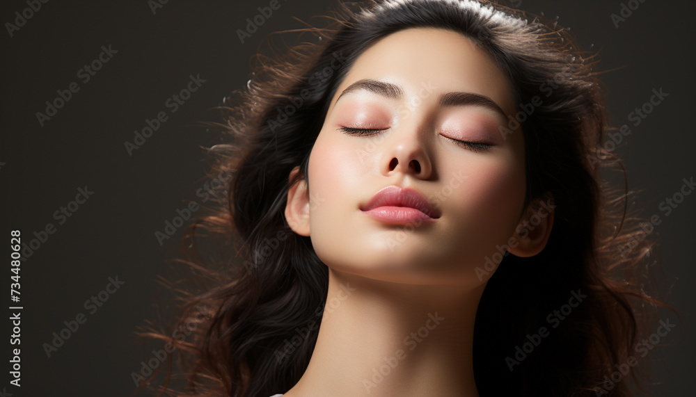 Naklejka premium Beautiful woman with long brown hair, looking at camera sensually generated by AI