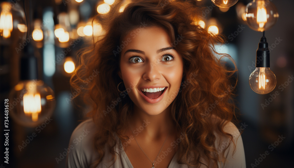Young woman smiling, looking at camera, enjoying glowing home interior generated by AI