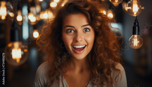 Young woman smiling, looking at camera, enjoying glowing home interior generated by AI