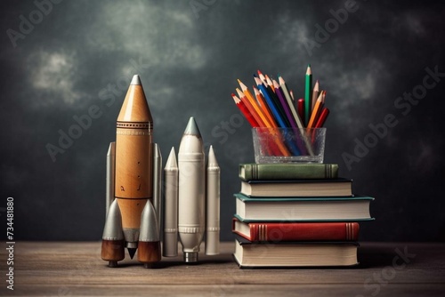 School supplies, rocket sketch, teacher's desk, writing materials, back to school background. Generative AI