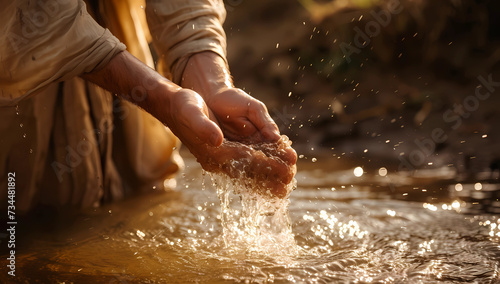 jesus pouring water on his hands from a river