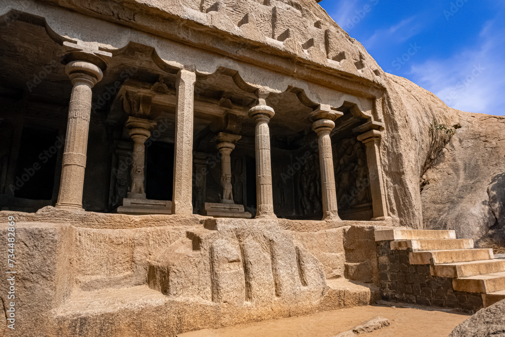 Mahishamardini Rock Cut Mandapa built by Pallavas-Narasimhavarman, Mahendravarman & rajasimha. This is UNESCO's World Heritage Site located at Mamallapuram or Mahabalipuram in Tamil Nadu, South India.