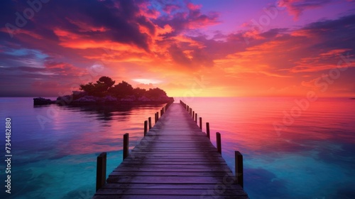 A wooden pier over the ocean at sunset. Generative AI.