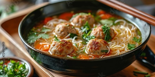 Soup made with vermicelli  vegetables and meatballs  Generative AI 