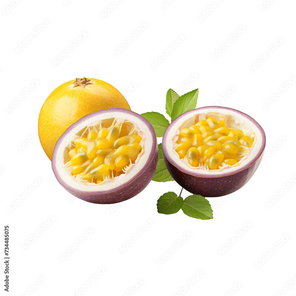 Half Passion Fruit With Leaves on White Background Half Passion Fruit With Leaves on White Background