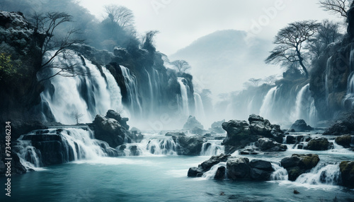 Tranquil scene majestic waterfall cascades through tropical rainforest generated by AI