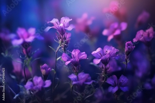 Blurry background with purple flowers. Generative AI