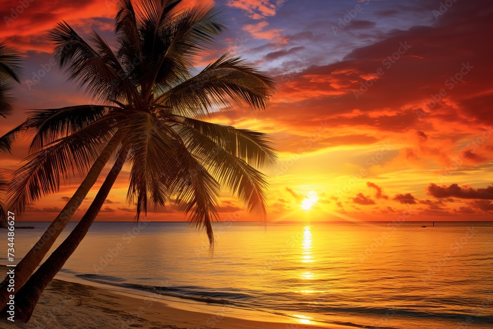 sunset beach view with coconut trees on the coast