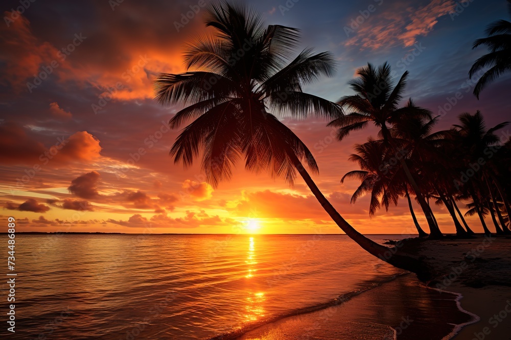 sunset beach view with coconut trees on the coast