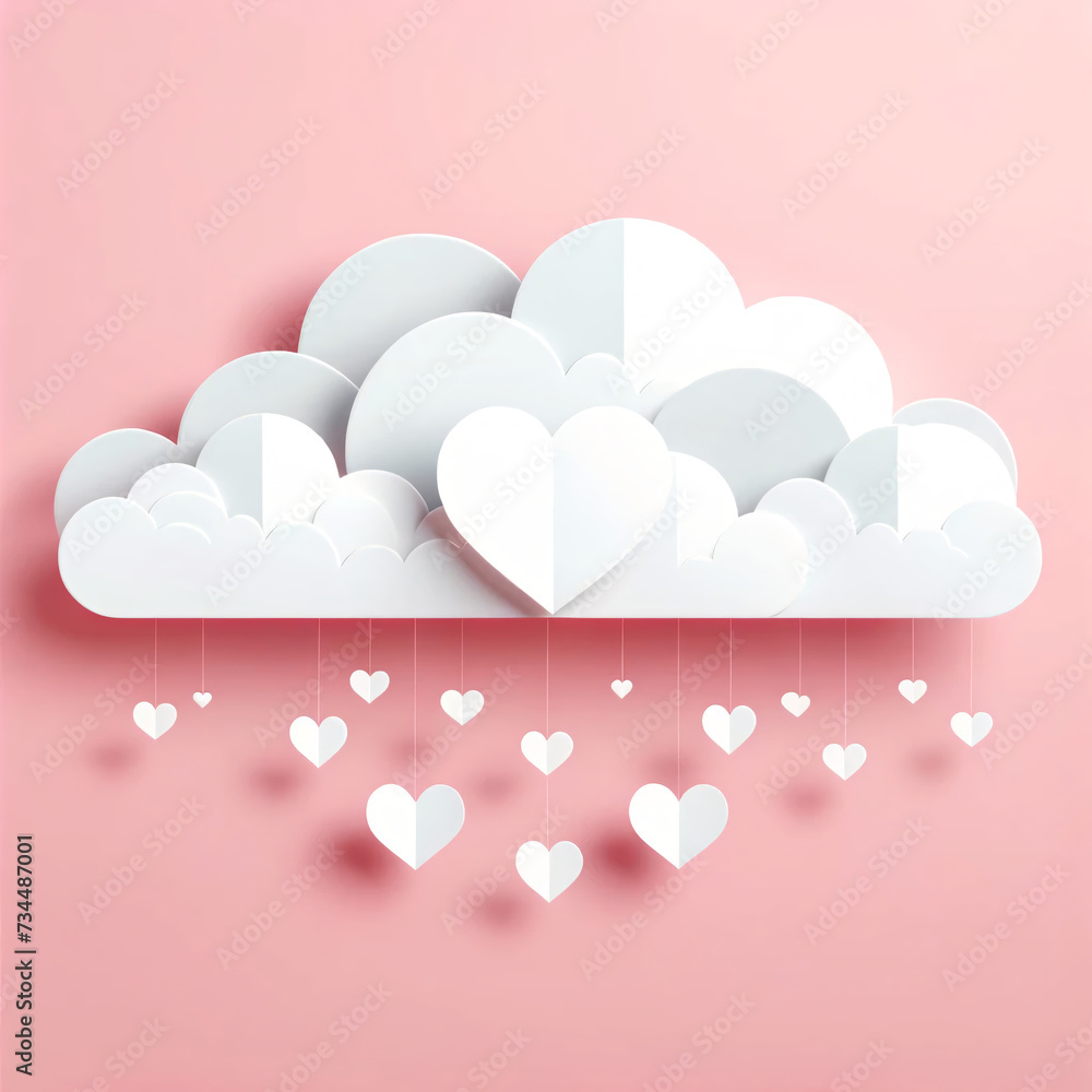 White Paper Hearts Hanging from Cloud on Pink Background