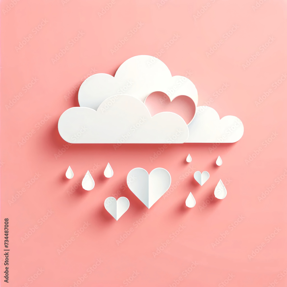 White Paper Hearts and Raindrops with Cloud on Pink