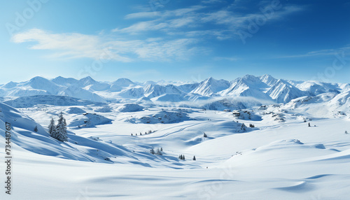 Tranquil winter landscape snowy mountains, blue sky, peaceful forest generated by AI