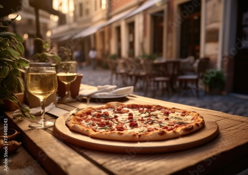 Pizza and wine on wooden table in outdoor restaurant. Generative AI.