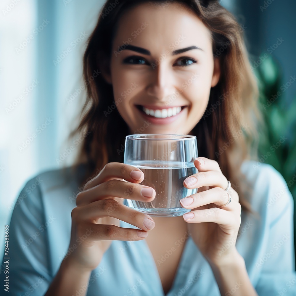 A Health concept. Horizontal banner image, on foreground caucasian female hand holds glass of clear water give to camera smiling selective close up focus. A Health concept. Horizontal banner image, on foreground caucasian female hand holds glass of clear water give to camera smiling selective close up focus.
