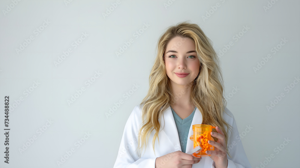 Blonde Woman with Pharmacy Stock: Medicine Bottle Filled with Assorted Color Pills Blonde Woman with Pharmacy Stock: Medicine Bottle Filled with Assorted Color Pills