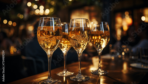 Luxury celebration, champagne glass, table, illuminated, elegant, romantic wedding generated by AI