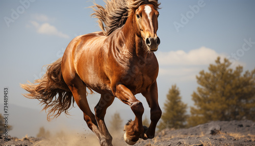 Running stallion in the meadow  showcasing beauty and freedom generated by AI