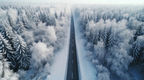 A drone's bird's eye view captures an empty forest road and snow-covered trees amidst the beauty of winter. © Phoophinyo