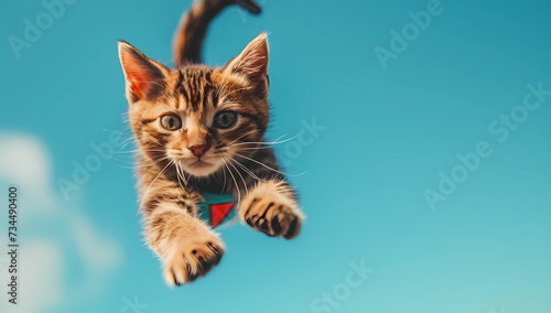small cat and superhero flying on blue background