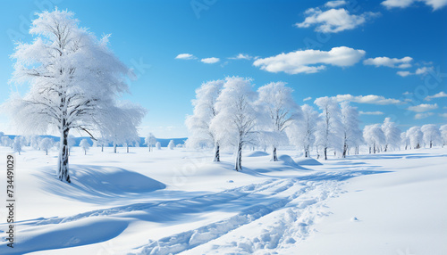 Winter landscape snow covered forest, tranquil scene, blue sky, snowy mountains generated by AI