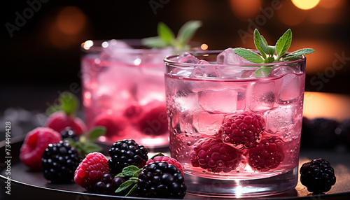 Fresh raspberry cocktail with ice, mint leaf, and alcohol generated by AI