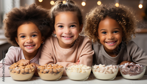 Smiling children baking cookies, joyful togetherness in sweet celebration generated by AI