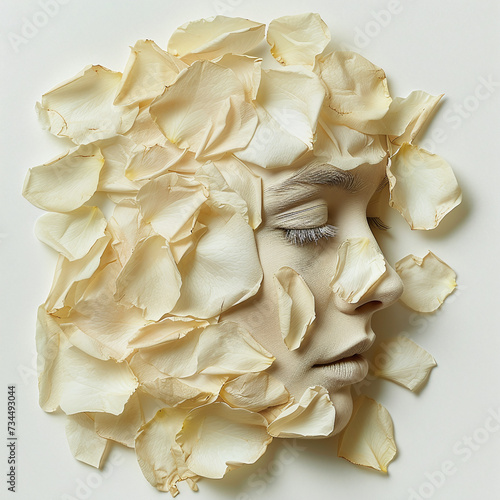 beige rose petals in the shape of a woman's face
