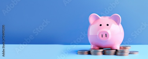 Financial saving and deposit, piggy bank with stack of golden coin on blue background