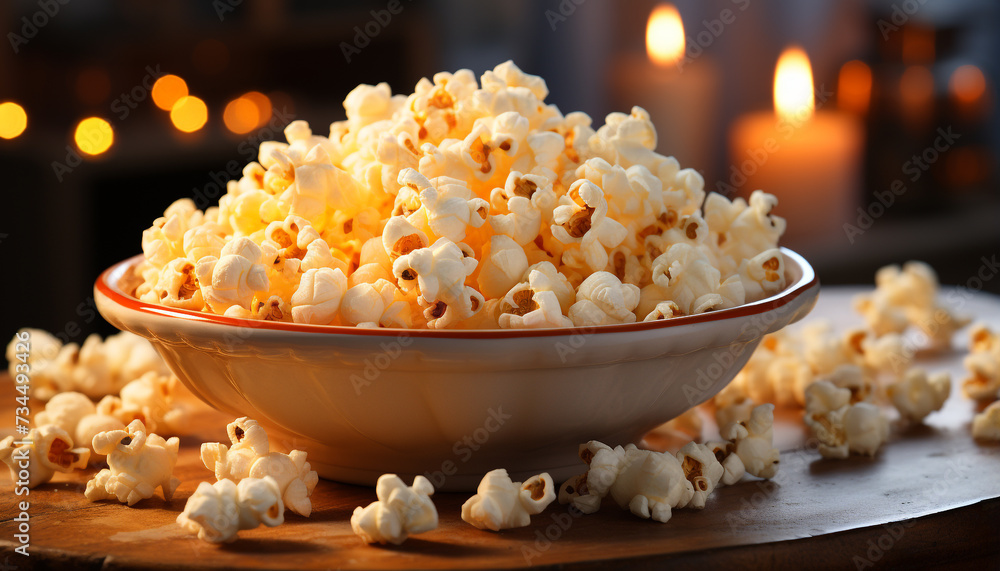 Fresh popcorn in a yellow bowl, perfect movie snack generated by AI Fresh popcorn in a yellow bowl, perfect movie snack generated by AI