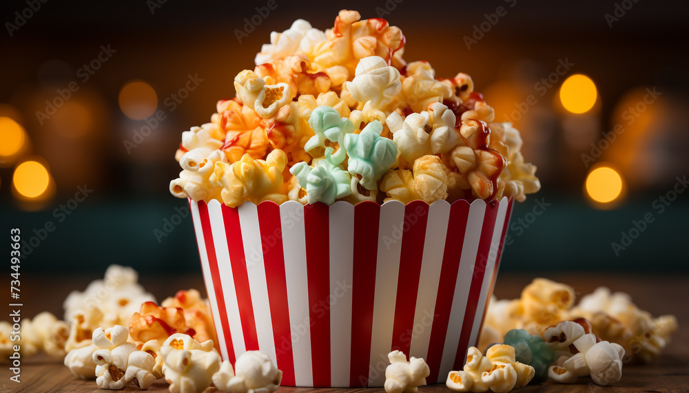 Freshness and indulgence in a striped bucket of gourmet popcorn generated by AI Freshness and indulgence in a striped bucket of gourmet popcorn generated by AI