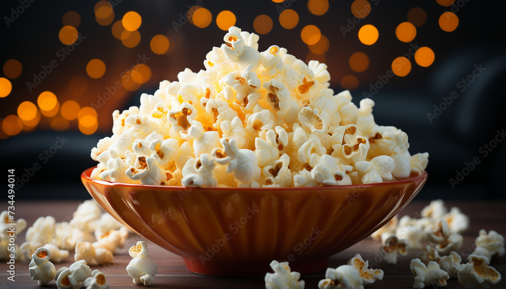 Fresh popcorn in yellow bowl, perfect movie theater snack generated by AI Fresh popcorn in yellow bowl, perfect movie theater snack generated by AI