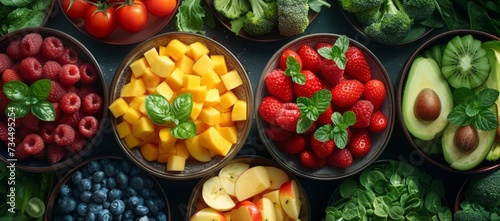 Assorted fruits and vegetables in bowls
