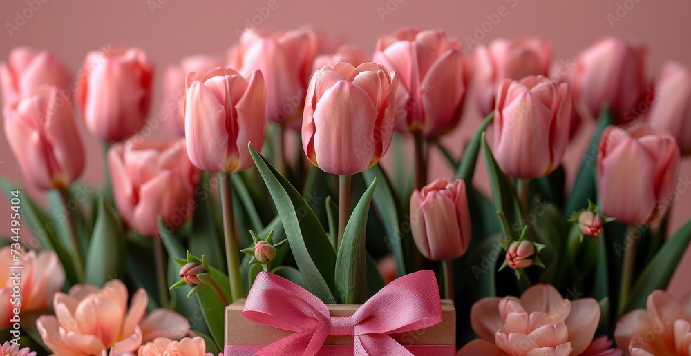 Pink tulips with a ribbon on a pink background