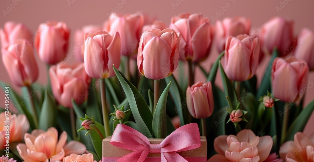 Obraz premium Pink tulips with a ribbon on a pink background