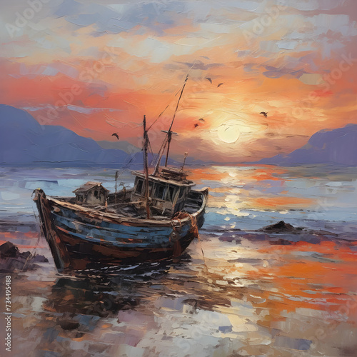 Palette of Dusk: A Rustic Fishing Boat Against the Resplendent Seaside Sunset