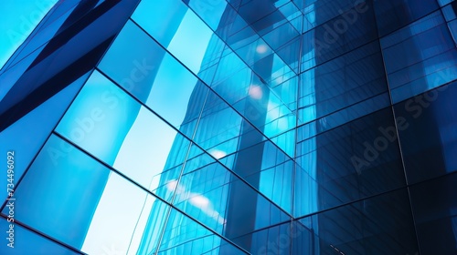 Low angle transparent blue glass wall office building