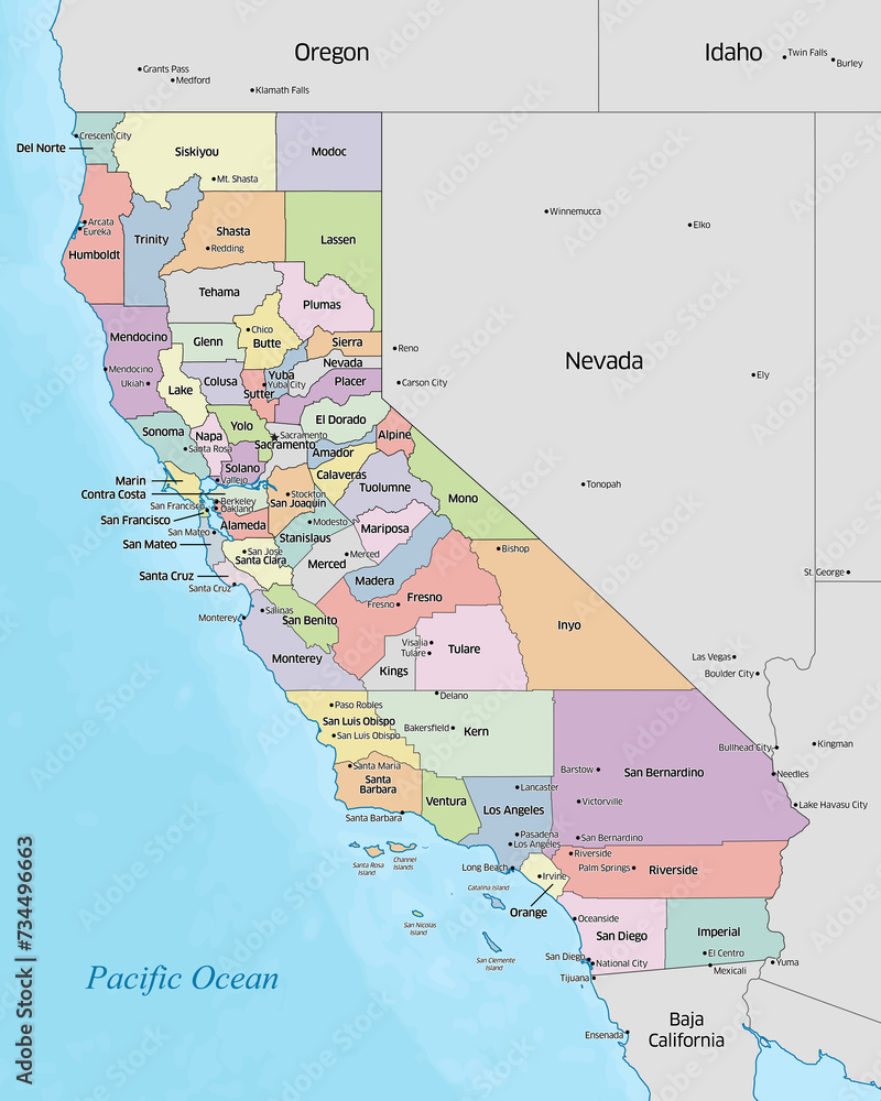 Colorful political map of the counties that make up the state of California located in the United States. - obrazy, fototapety, plakaty 