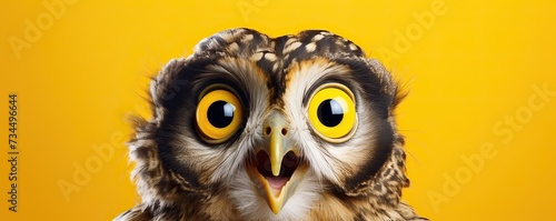 Portrait of emotional animal surprised and shocked owl on yellow background