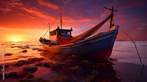 Palette of Dusk: A Rustic Fishing Boat Against the Resplendent Seaside Sunset