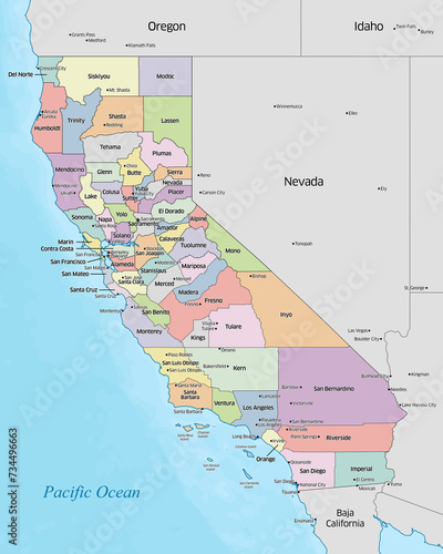 Colorful political map of the counties that make up the state of California located in the United States. photo