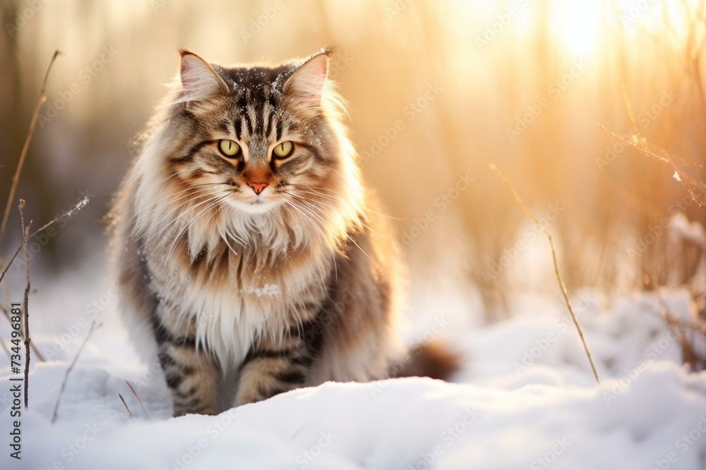 A beautiful cat in a snowy landscape. Generative AI