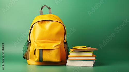 Back to school banner concept  yellow backpack with stack of books on the green background