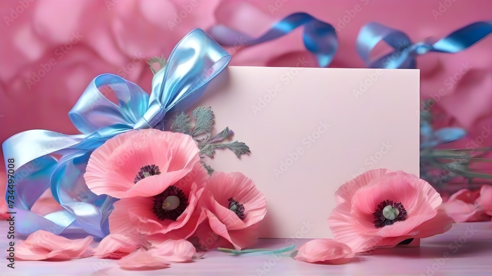flat lay white postcard with flowers surrounded by on a pink background, ribbon laying aside, template for congratulations on March 8, Valentine's day, women's Day or birthday Generative AI, card	