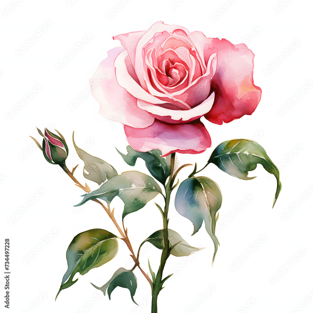 Obraz premium Pink rose A single, carefully chosen flower stem in a slim vase, colorful watercolors, watercolor illustration, cute cartoon , sharp outline, white background for removing background, single object.