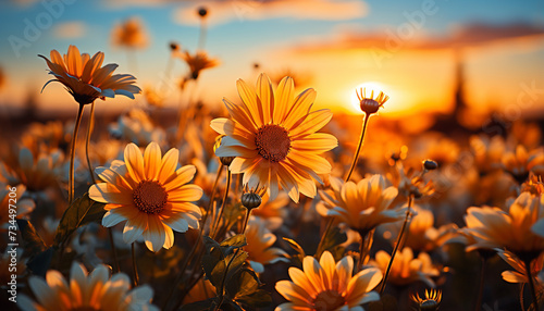 Sunset meadow, yellow daisy, vibrant sunrise, tranquil chamomile farm generated by AI © grgroup