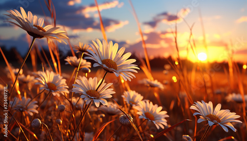 Vibrant chamomile meadow  a tranquil sunset in nature generated by AI