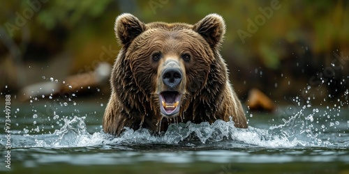 Grizzly bear growling in water at camera, Generative AI 