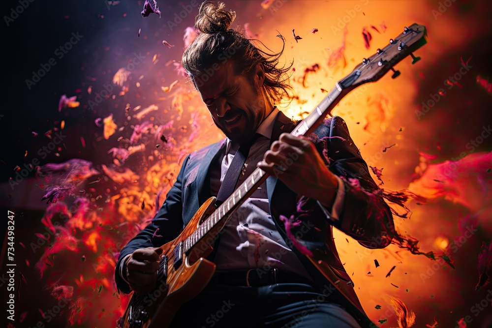 Guitar Solo: A guitarist standing at the edge of the stage, shredding a fiery solo under colorful spotlights